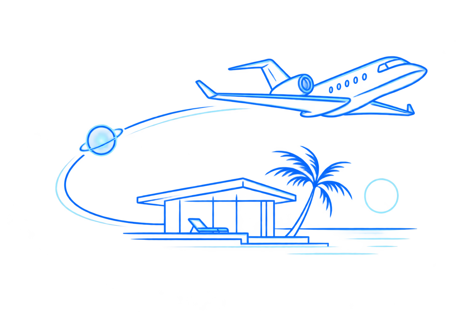 Blue outline illustration of a jet and holiday resort